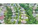 Aerial shot showcasing a neighborhood with mature trees and well-maintained lawns at 8230 Royal Melbourne Way, Duluth, GA 30097