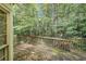 View of a weathered wooden deck surrounded by lush trees and greenery providing privacy at 3420 Cranborne, Marietta, GA 30062