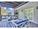Charming covered patio with seating, a patterned rug, and access to the home's interior at 3568 Foxworth Ct, Buford, GA 30519