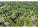 Aerial view featuring a pond surrounded by mature trees and a residential street at 1655 Oak Crest Ct, Marietta, GA 30066