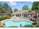 Aerial view of pool and backyard bordered by lush landscaping and home's exterior at 1065 Beacon Hill Xing, Alpharetta, GA 30005