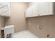 Functional laundry room with white cabinets, utility sink, and tile flooring for efficient cleaning at 1065 Beacon Hill Xing, Alpharetta, GA 30005