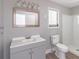 Bathroom with gray vanity, mirror and shower at 8035 Rockbridge Rd, Lithonia, GA 30058