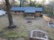View of the backyard with a covered patio and fire pit with bare landscaping at 4011 Lake Carlton Rd, Loganville, GA 30052