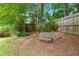 Secluded backyard with a stone bench, lush landscaping, and peaceful privacy at 2220 Williams Ln, Cumming, GA 30028