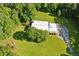 Aerial view features a modern home surrounded by trees and green lawn at 110 Bridger Point Rd, Fayetteville, GA 30215