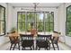 Elegant dining room featuring a modern table, stylish lighting, and views of the greenery outside at 2100 Mountain Cove Ct, Woodstock, GA 30188