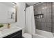 Bathroom featuring tiled shower and backsplash, dark vanity and modern fixtures at 1505 Ezra Church Nw Dr, Atlanta, GA 30314