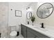Modern bathroom features dual sinks, gray cabinets, geometric tile, and contemporary design at 1566 Ezra Church Nw Dr, Atlanta, GA 30314