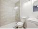 Modern bathroom features a shower with glass door, white toilet and vanity, and updated lighting at 502 Bridge Se Ln, Smyrna, GA 30082