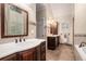 Double sink vanity and tiled backsplash add to this well-lit bathroom at 2525 Fairview Dr, Cumming, GA 30041