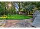 Green backyard with a small shed, wooden steps to a deck, and a concrete patio surrounded by lush greenery at 6719 Sunset Valley Cir, Rex, GA 30273