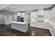 Modern kitchen with white cabinetry, a gray island, stainless appliances and dark hardwood flooring at 614 Denali Dr, Mableton, GA 30126