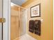 Bathroom area showcases a modern shower with sleek sliding glass doors at 3436 Laurelwood Ne Ct, Roswell, GA 30075