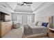 Large bedroom with a TV, tray ceiling, ceiling fan, and carpeted floors at 2559 Dunhaven Gln, Snellville, GA 30078