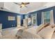This cozy main bedroom features tray ceilings, blue accent walls, and carpeted floors at 2505 Hamilton Parc Ln, Buford, GA 30519
