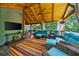 Outdoor living space featuring a wood ceiling, wicker furniture and a view of the woods at 4020 High Gables E, Cumming, GA 30041