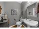 Charming powder room boasts pedestal sink, hardwood floors, and decorative accents at 4020 High Gables E, Cumming, GA 30041