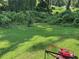 Lush backyard with green lawn and an image including a lawnmower at 8113 Fieldstream Way, Douglasville, GA 30134