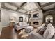 Cozy living room with stone fireplace, coffered ceilings, and plush seating for comfortable gatherings at 5507 Aviemore Ct, Suwanee, GA 30024