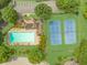 Overhead view of community amenities featuring a sparkling pool, clubhouse, parking and tennis courts at 1432 Arbor Bluff Ct, Lawrenceville, GA 30045
