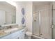 Bright bathroom featuring a glass-enclosed shower, white vanity, and stylish beach-themed decor at 2535 Castlerock Ct, Cumming, GA 30041