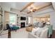 Comfortable living room with built-in shelves, fireplace, and view of kitchen at 2535 Castlerock Ct, Cumming, GA 30041