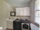 Bright laundry room with modern washer and dryer, storage cabinets, and a sink at 1292 Hidden Spirit Trl, Lawrenceville, GA 30045