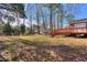 This backyard features lots of space and a wood deck and the landscape is bordered by mature trees at 4185 Duesenberg Dr, Tucker, GA 30084