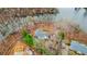 Panoramic aerial view of lakeside home surrounded by lush landscape, offering privacy at 8160 Stone Hill Rd, Cumming, GA 30028