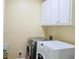 Laundry room with front-load washer, dryer, and storage cabinets at 7435 Woodruff Way, Stone Mountain, GA 30087