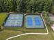 An aerial view showcases well-maintained tennis courts surrounded by green grass at 7435 Woodruff Way, Stone Mountain, GA 30087