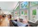 Bright living room featuring hardwood floors, vaulted ceilings, and deck access at 8531 Lake Dr, Snellville, GA 30039
