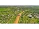 High angle aerial of river passing under bridge among dense tree cover and a small business district in the distance at 171 Riverview Trl, Roswell, GA 30075