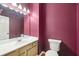 Full bathroom with single vanity, white toilet, framed mirror and pink walls at 171 Riverview Trl, Roswell, GA 30075