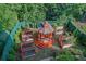 Aerial view of wooden gazebo and raised garden beds surrounded by greenery at 8935 Muirfield Ct, Duluth, GA 30097
