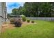 Backyard featuring lush lawn, patio with sunshade, privacy fence, and a mature shrubbery at 2711 Bluffton Rd, Buford, GA 30519