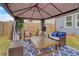 Backyard canopy seating area with an outdoor table, wicker furniture, and blue pillows for comfortable outdoor gathering at 7246 Gladstone Cir, Lithonia, GA 30038