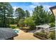 Aerial view of backyard with swimming pool, pergola, patio, and mature trees at 3906 Laurens Ln, Snellville, GA 30039