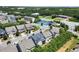 Overhead view of a residential area, highlighting homes near a tennis court, mature trees, and community amenities at 4452 Thach Ave, Sugar Hill, GA 30518