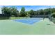 A well maintained tennis court features a green and blue surface, surrounded by lush greenery and tall trees at 3820 Ridge Point Dr, Suwanee, GA 30024