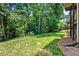 Spacious backyard with lush green grass and mature trees, bordering townhomes at 2556 Oakwood Se Trce, Smyrna, GA 30080