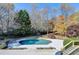 Overhead view of the inviting pool area from the deck, showcasing the lush backyard and serene setting at 3871 River Mansion Dr, Peachtree Corners, GA 30096