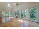Bright sunroom with hardwood floors, skylights, ceiling fans and expansive windows overlooking lush greenery at 1725 Mountainside Dr, Cumming, GA 30040