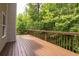 Relaxing outdoor deck with stained wood and wood railings, offering a serene view of lush trees at 108 Spring View Br, Dallas, GA 30157