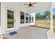 Covered patio featuring a ceiling fan, recessed lights, and views of the backyard at 5125 Hyde Trl, Cumming, GA 30040