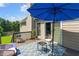 Cozy deck with outdoor seating and an umbrella, offering a relaxing view of the well-maintained lawn at 1539 School House Run, Dacula, GA 30019