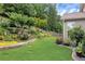 Beautifully landscaped backyard with manicured lawn, flower beds, and mature trees at 1530 Parkside Village Dr, Cumming, GA 30040