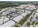 Aerial view of a residential community with townhouses, lush greenery, and a pool at 323 S Esplanade, Alpharetta, GA 30009