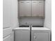 Functional laundry room with a washer, dryer, and overhead cabinets at 323 S Esplanade, Alpharetta, GA 30009